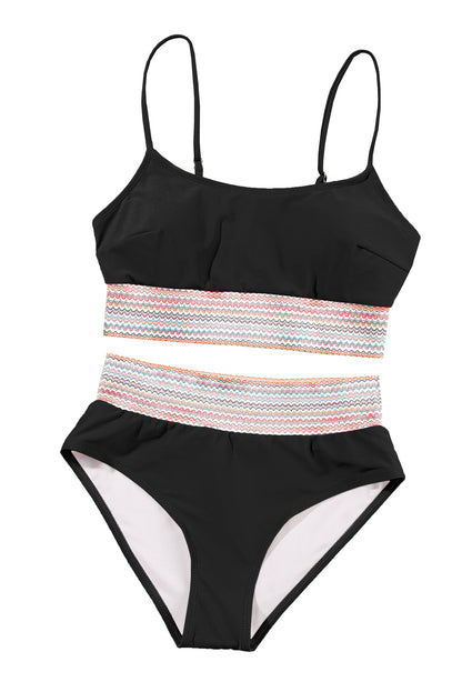 Black Striped Patchwork Spaghetti Strap High Waist Bikini Set - Cowaa