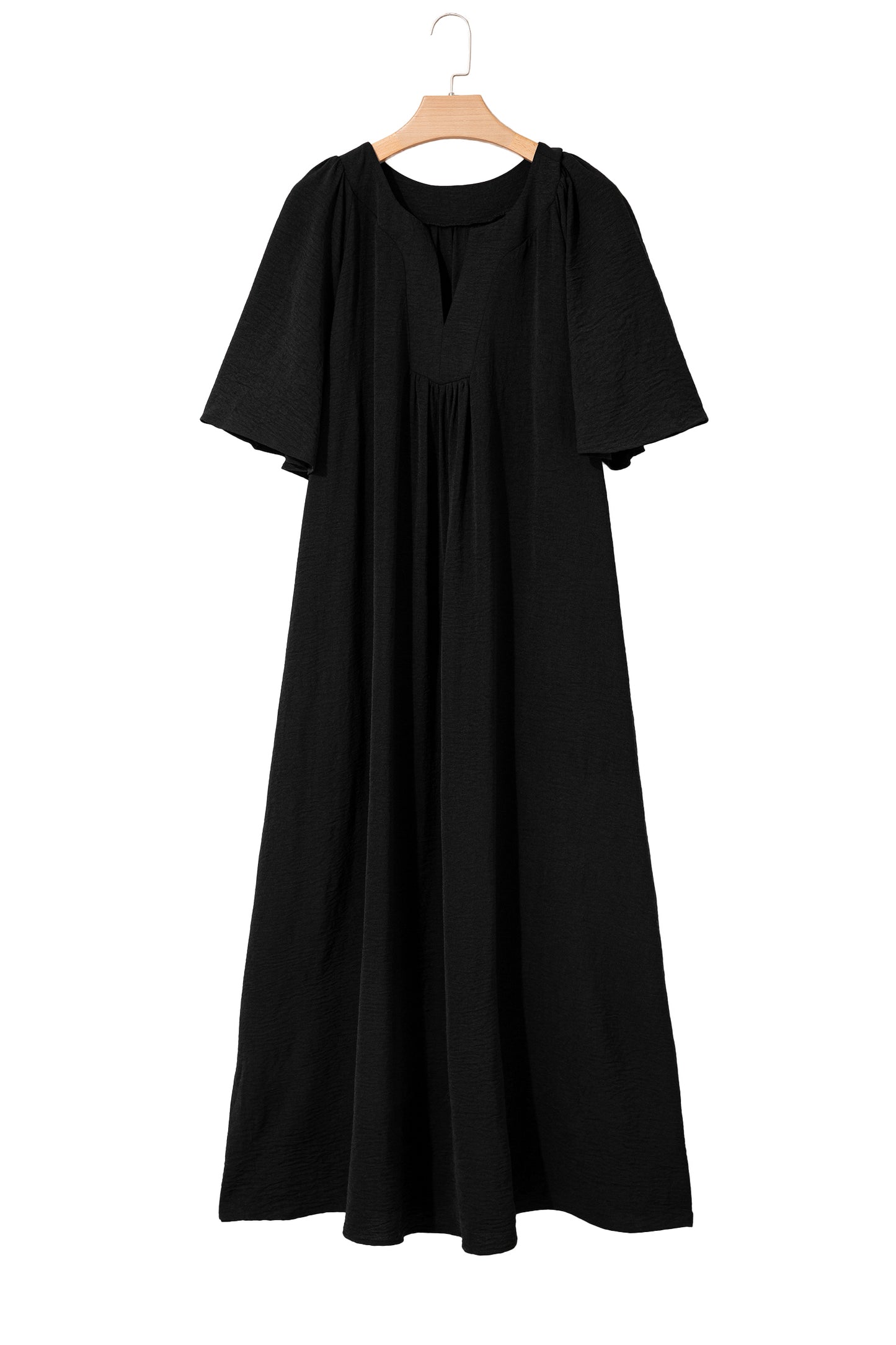 Black Plus Size Solid Color Notched Neck Short Sleeve Loose Dress - Cowaa