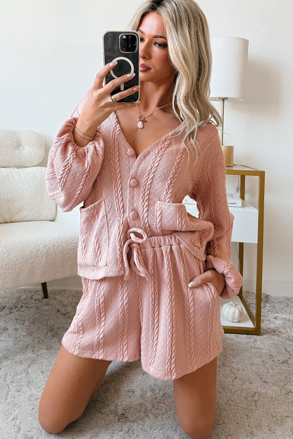 Gossamer Pink Cable Knit V Neck Cardigan Shorts Set - Cowaa