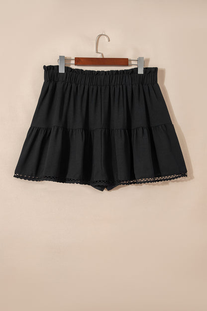 Black Plus Size Frilled Elastic Waist Lace Trim Boho Ruffled Shorts - Cowaa