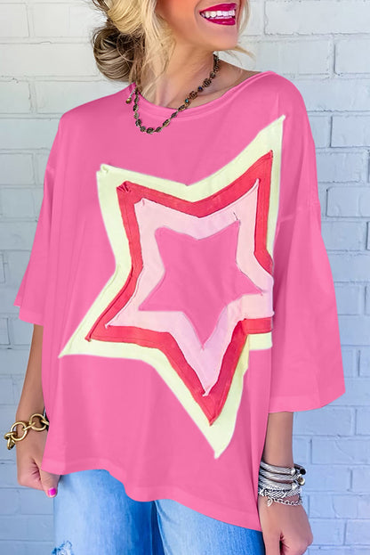 White Colorblock Star Patched Half Sleeve Oversized Tee - Cowaa