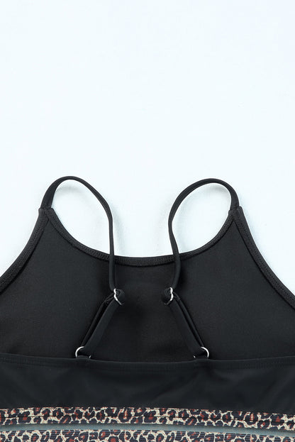 Black Leopard Print Spaghetti Strap Padded Wireless Two Piece Swimsuit - Cowaa