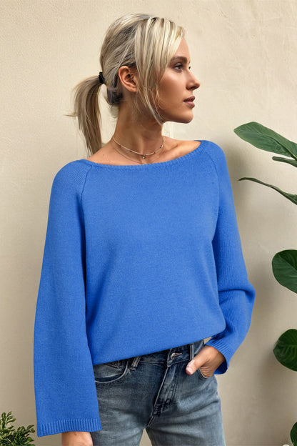 Sky Blue Solid Color Knit Loose Bracelet Sleeve Dolman Sweater