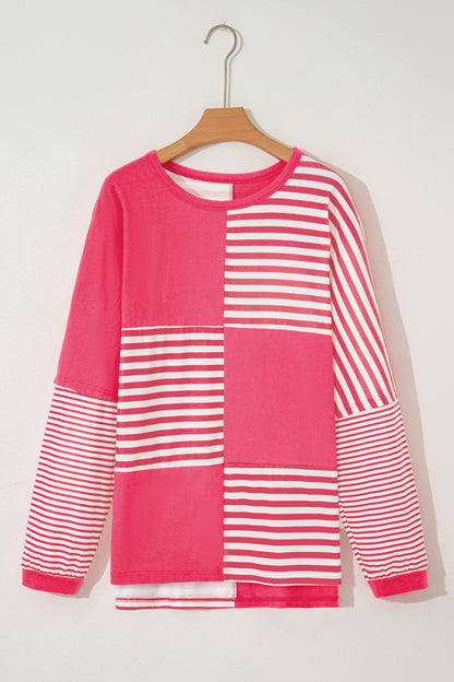 Pink Stripe Color Block Patchwork Drop Shoulder Long Sleeve Tunic Top - Cowaa