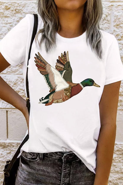 White Flying Mallard Faux Patchwork Printed T Shirt