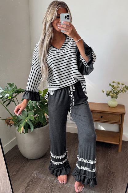 Blue Stripe V Neck Ruffle Contrast Sleeve Top Drawstring Pants 2pcs Set