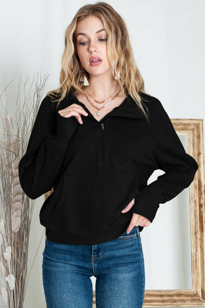 Brown Zip Up Stand Collar Thumbhole Sleeve Sweatshirt - Cowaa