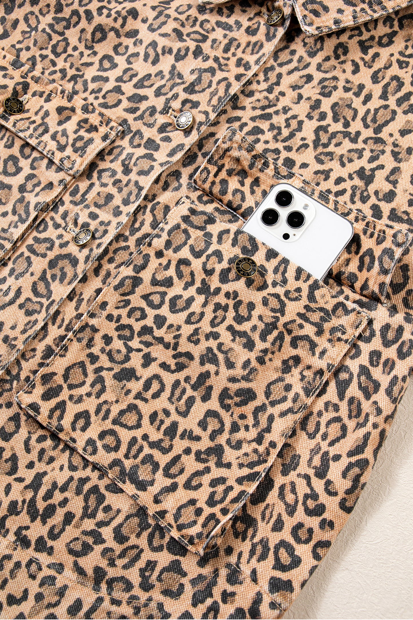 Khaki Leopard Print Collar Long Sleeve Patch Pocket Shift Denim Jacket