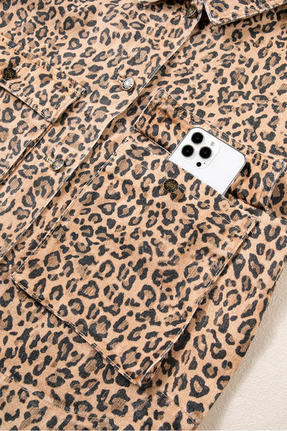 Khaki Leopard Print Collar Long Sleeve Patch Pocket Shift Denim Jacket