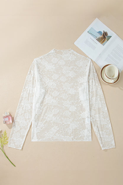 White Plus Size Floral Mesh Long Sleeve Top