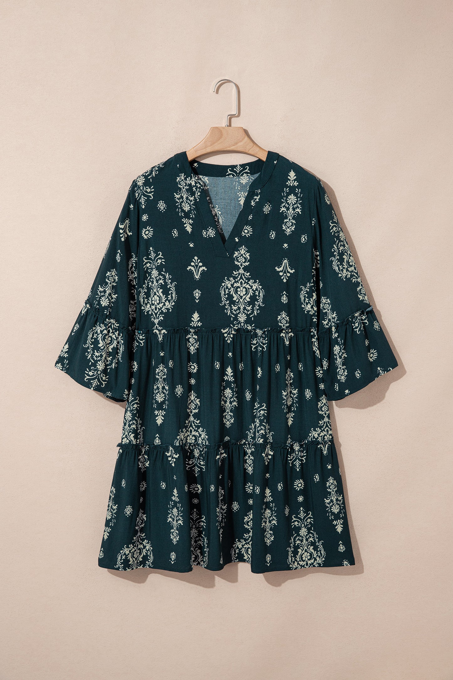 Blue Boho Floral Print Lettuce Trim 3/4 Sleeve Mini Dress - Cowaa