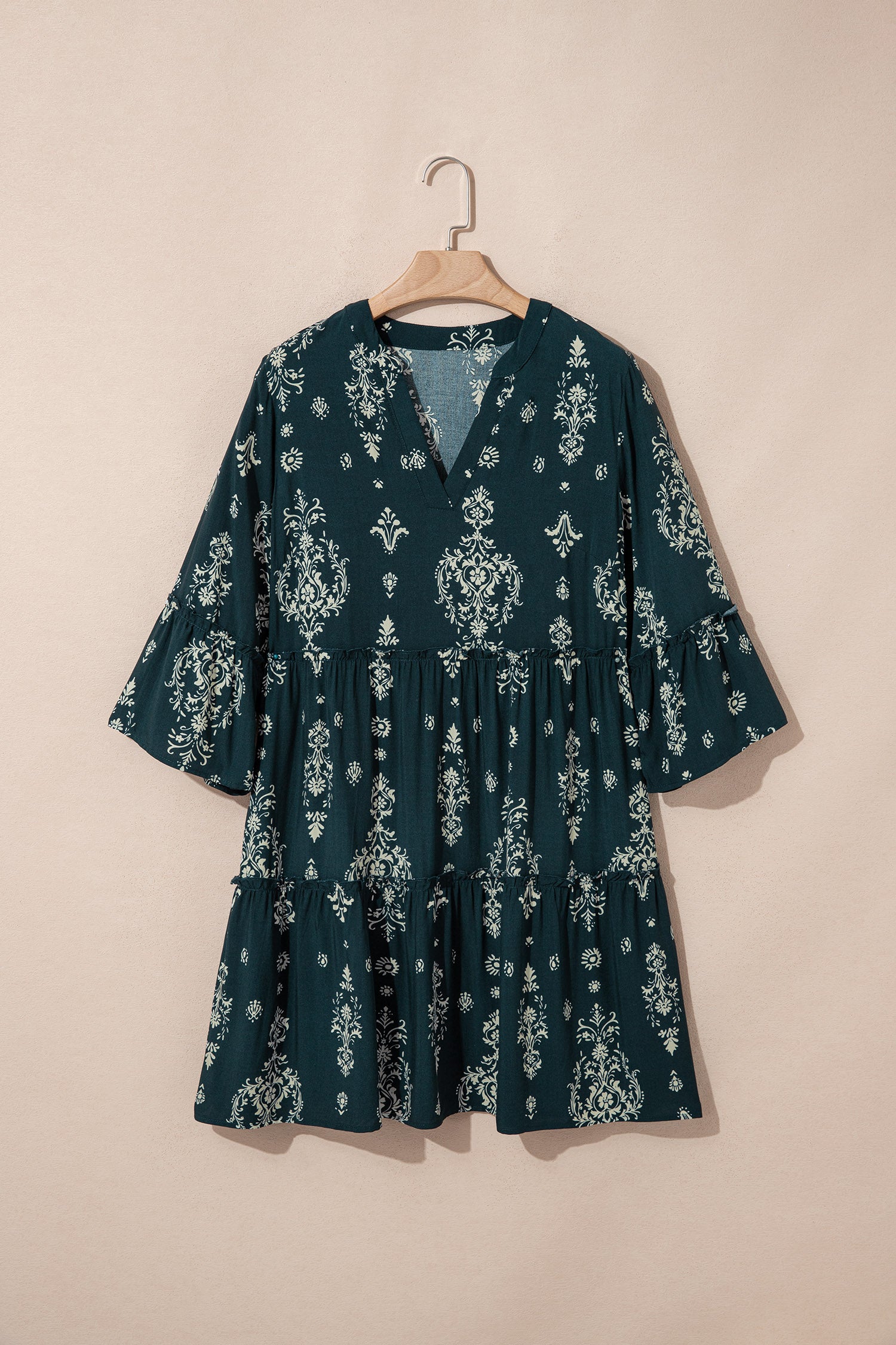 Blue Boho Floral Print Lettuce Trim 3/4 Sleeve Mini Dress - Cowaa