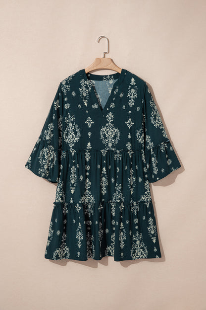 Blue Boho Floral Print Lettuce Trim 3/4 Sleeve Mini Dress - Cowaa