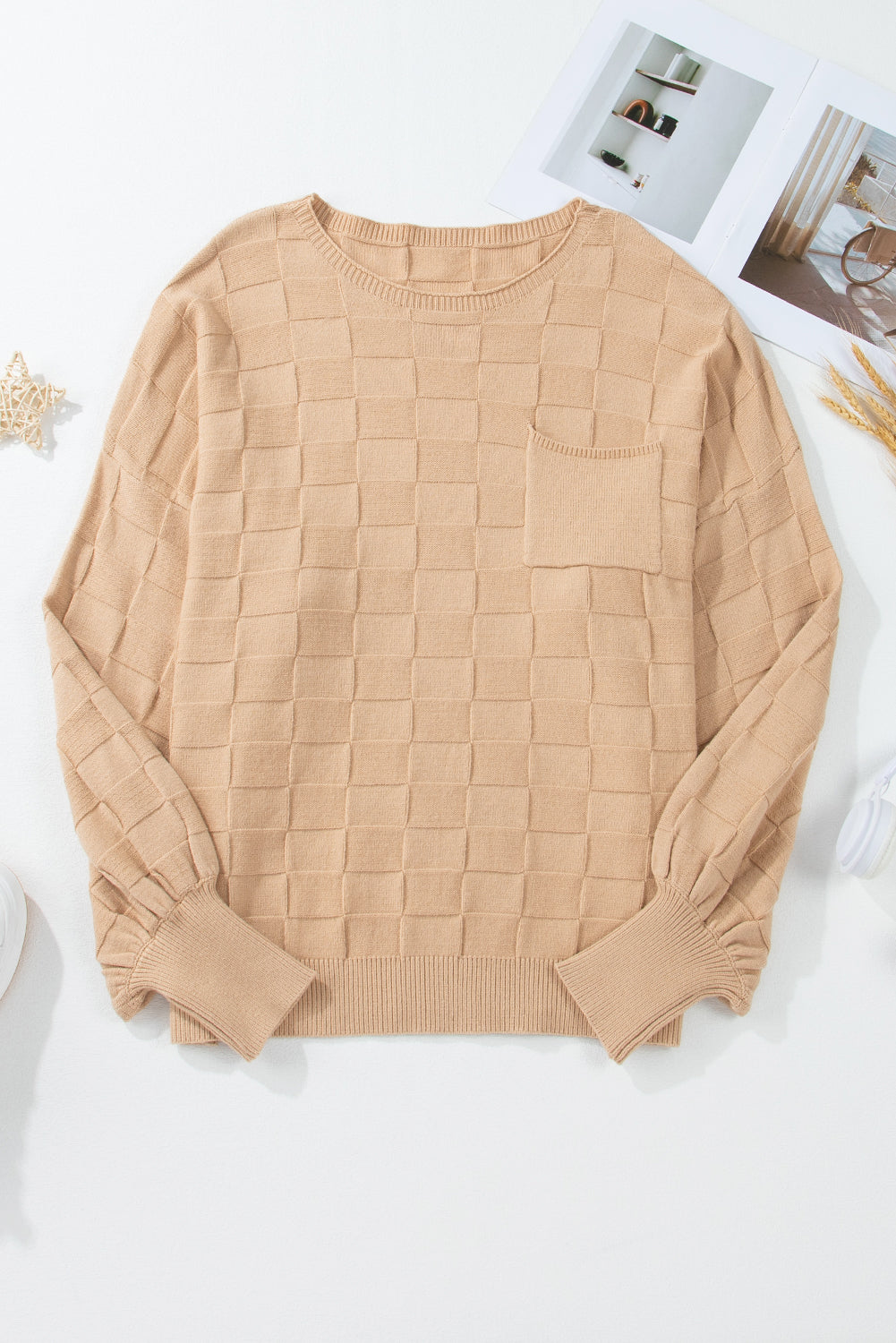 Light French Beige Solid Checkered Textured Knit Plus Size Sweater - Cowaa
