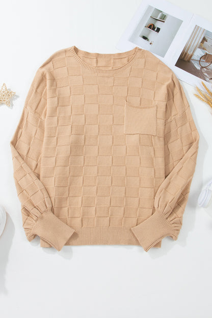 Light French Beige Solid Checkered Textured Knit Plus Size Sweater - Cowaa