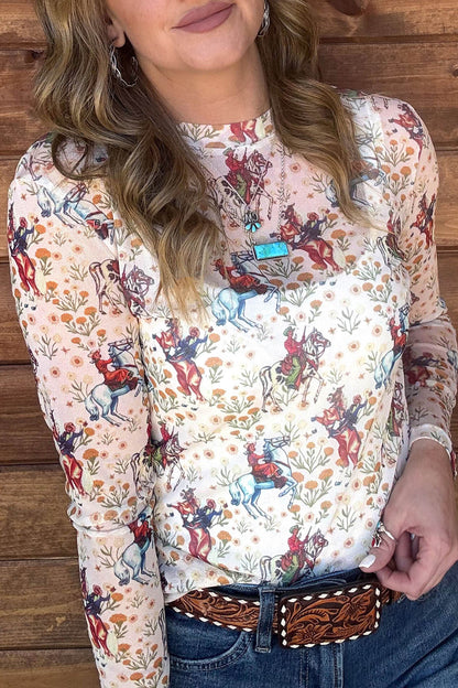 Brown Western Cowboy Floral Print Sheer Mesh Long Sleeve Top