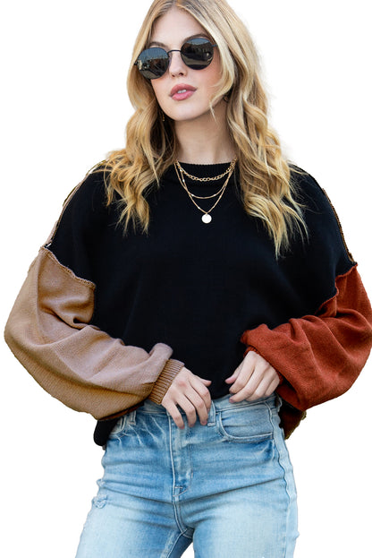 Bishop Sleeve Exposed Seam Ribbed Trim Sweater - Cowaa