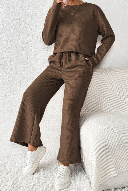 Strawberry Pink Textured Loose Slouchy Long Sleeve Top and Pants Set - Cowaa