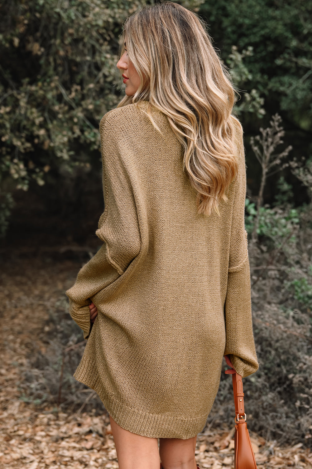 Pale Khaki Oversize Drop Shoulder Slouchy Sweater Dress - Cowaa