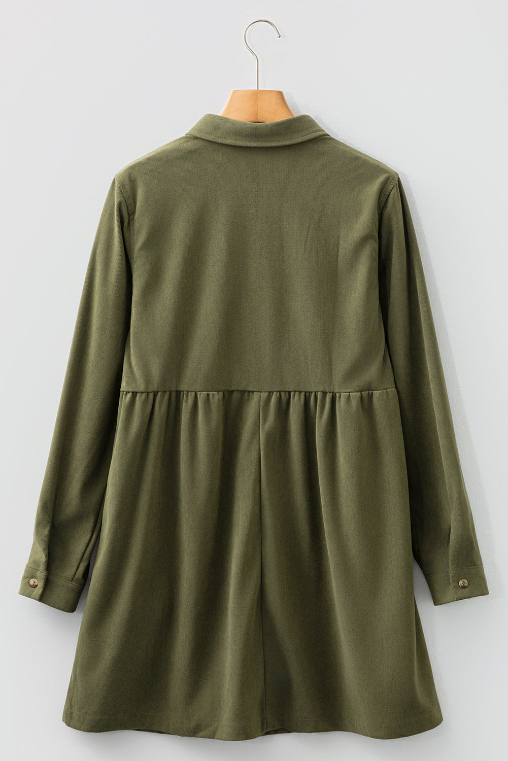 Vineyard Green Corduroy Half Button Collared Long Sleeve Mini Dress - Cowaa