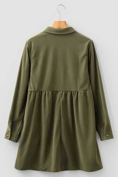 Vineyard Green Corduroy Half Button Collared Long Sleeve Mini Dress - Cowaa