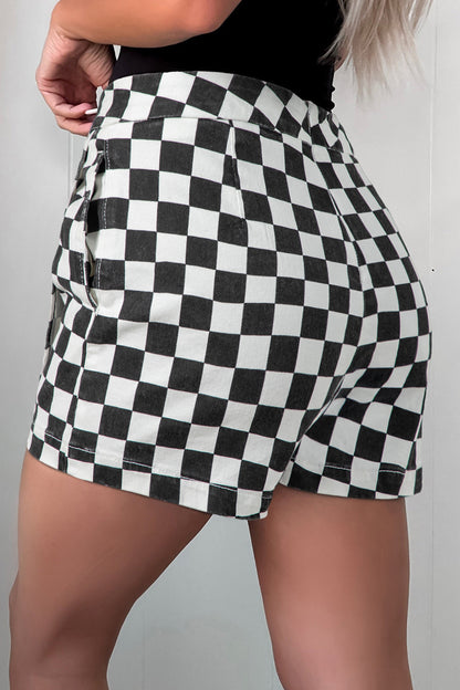 Black Checkered Print Overlap Denim Shorts - Cowaa