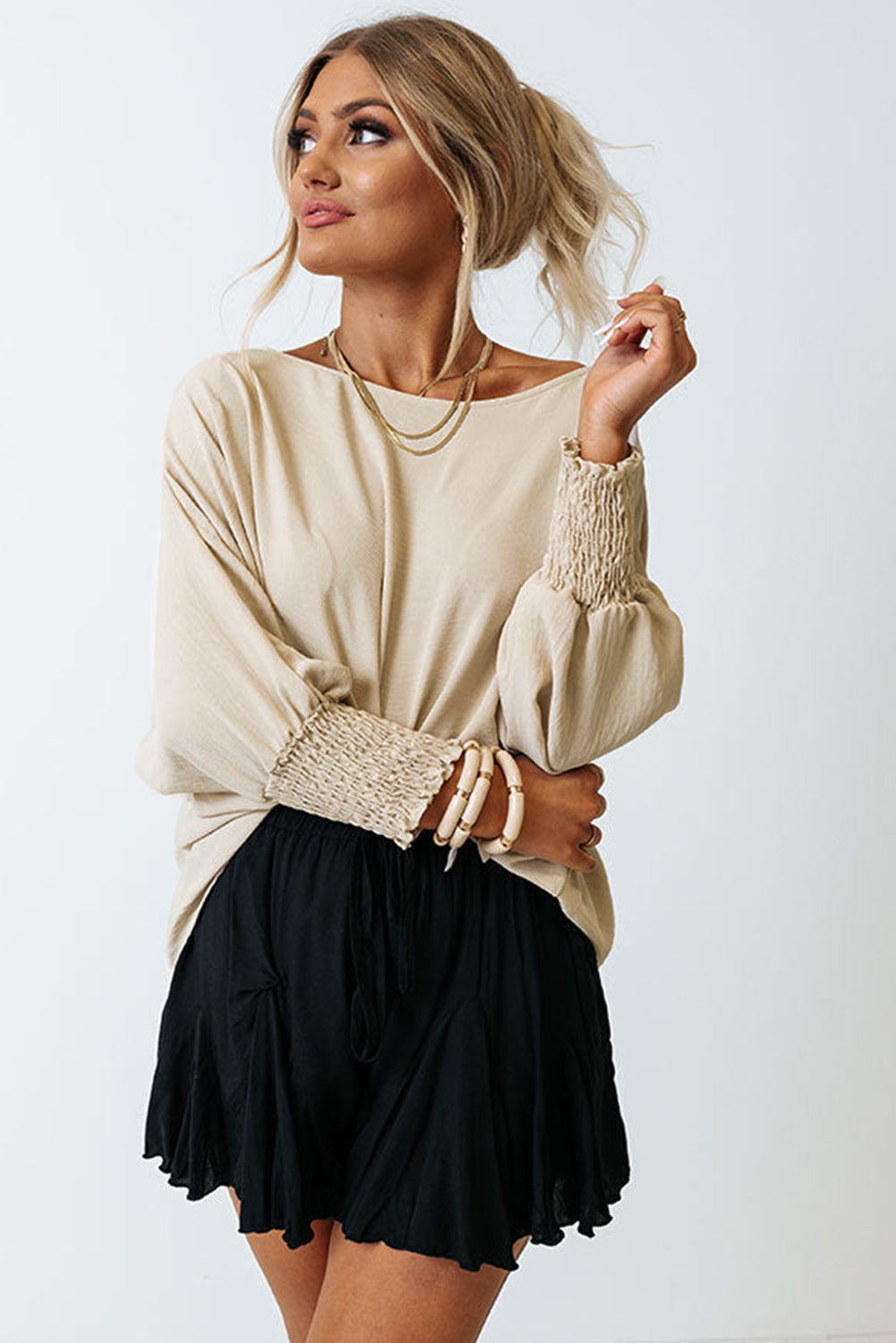 Apricot Solid Casual Smocked Cuffs Batwing Sleeve Blouse - Cowaa