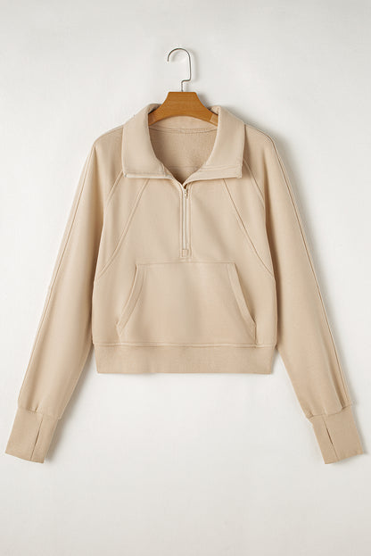Brown Zip Up Stand Collar Thumbhole Sleeve Sweatshirt - Cowaa