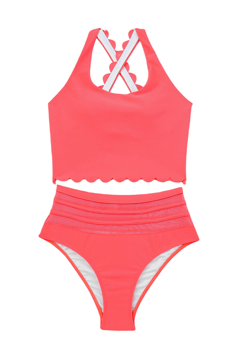 Pink Scalloped Criss Cross High Waist Bikini - Cowaa
