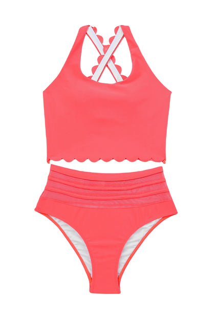 Pink Scalloped Criss Cross High Waist Bikini - Cowaa