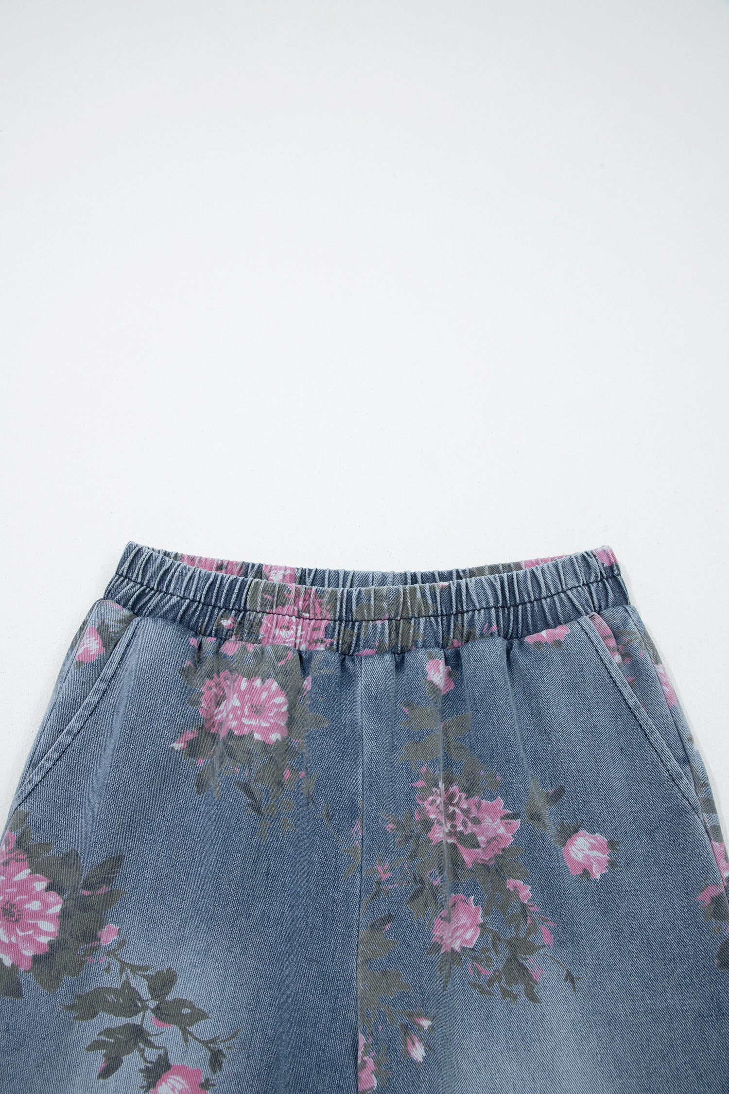 Beau Blue Floral Print Elastic Waist Pull On Casual Jeans - Cowaa