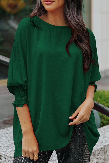 Apricot Solid Casual Smocked Cuffs Batwing Sleeve Blouse - Cowaa
