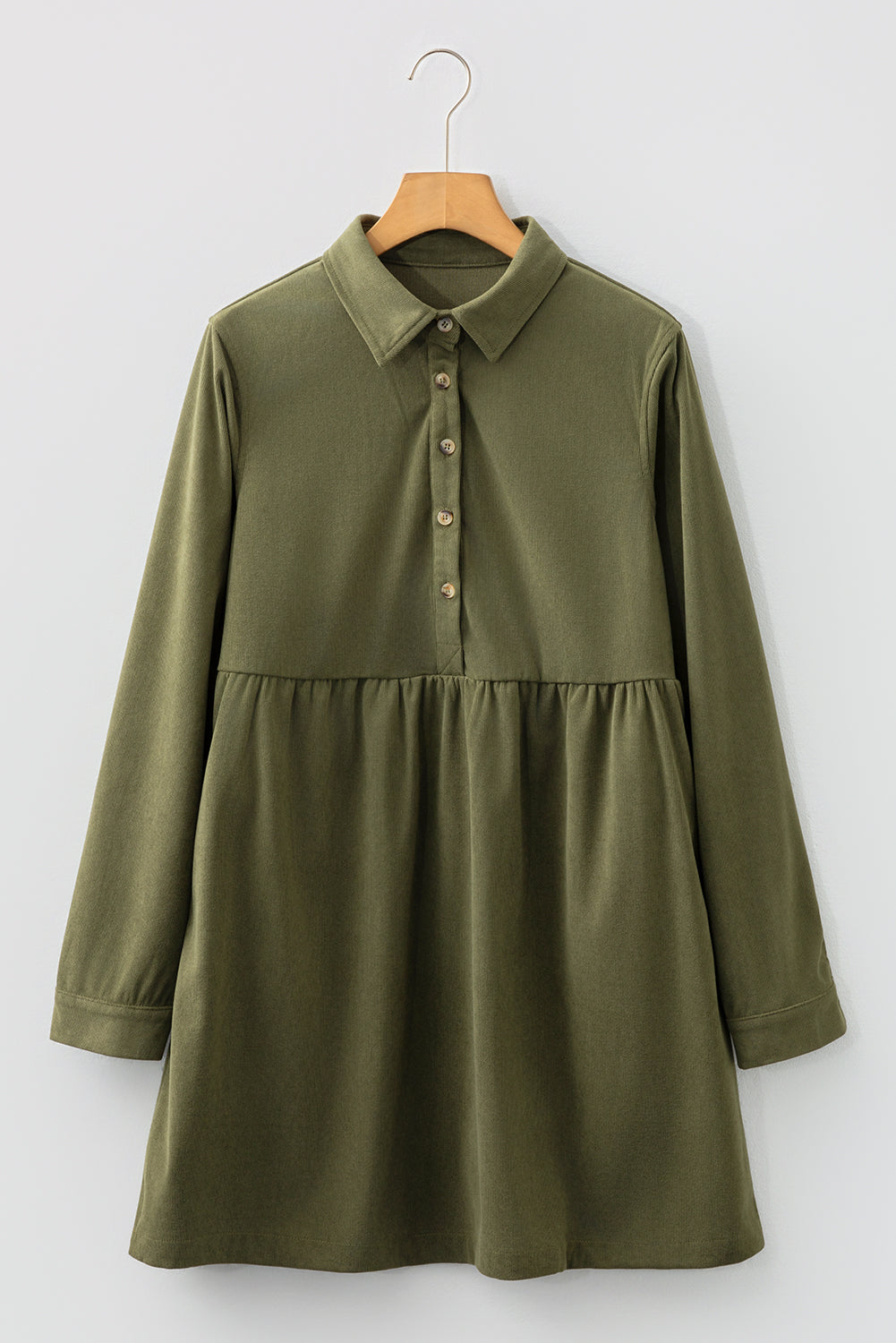 Vineyard Green Corduroy Half Button Collared Long Sleeve Mini Dress - Cowaa
