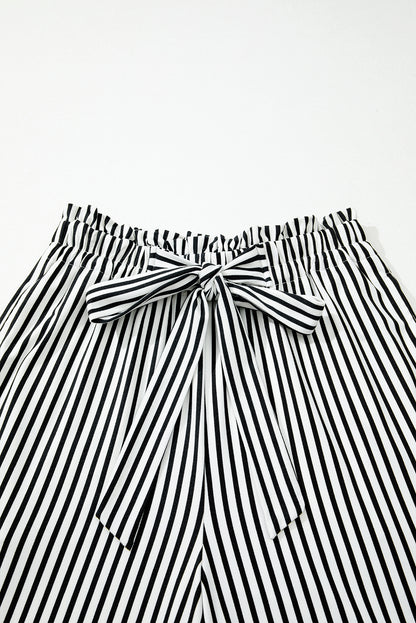 Black Stripe Tied High Waist Loose Straight Casual Pants - Cowaa