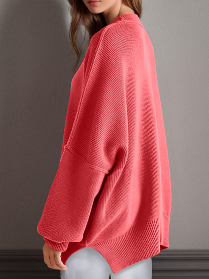 Double Take Side Slit Round Neck Long Sleeve Sweater - Cowaa