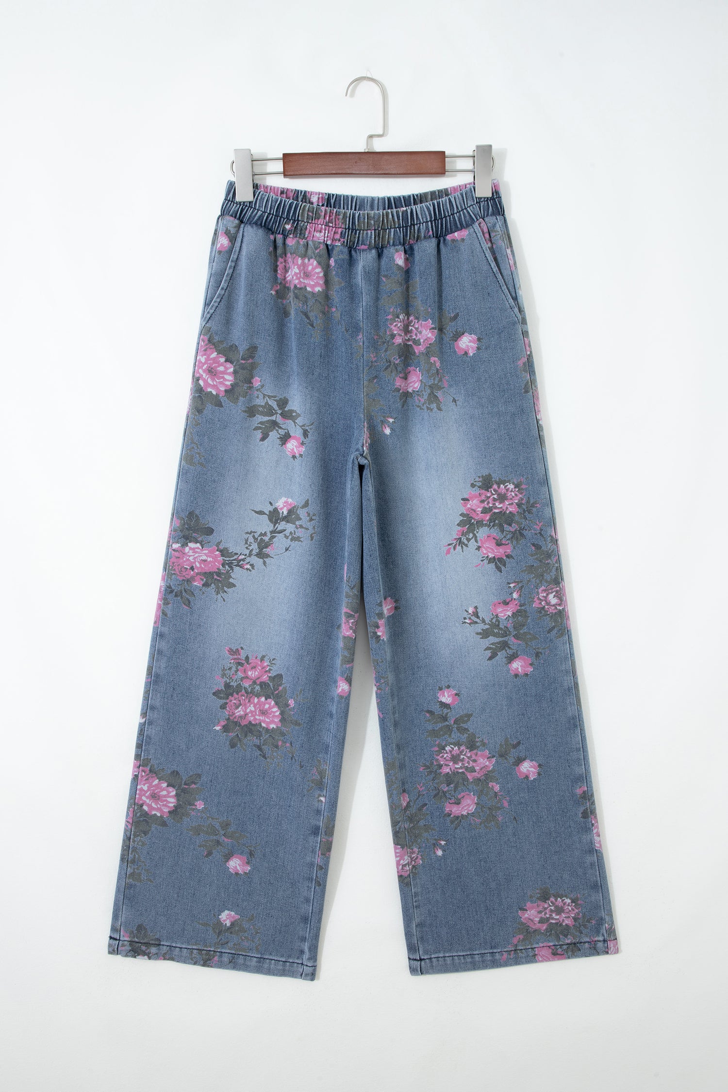 Beau Blue Floral Print Elastic Waist Pull On Casual Jeans - Cowaa