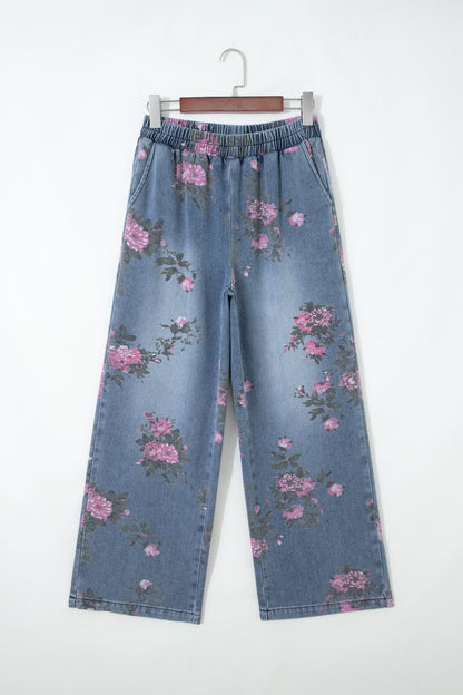 Beau Blue Floral Print Elastic Waist Pull On Casual Jeans - Cowaa