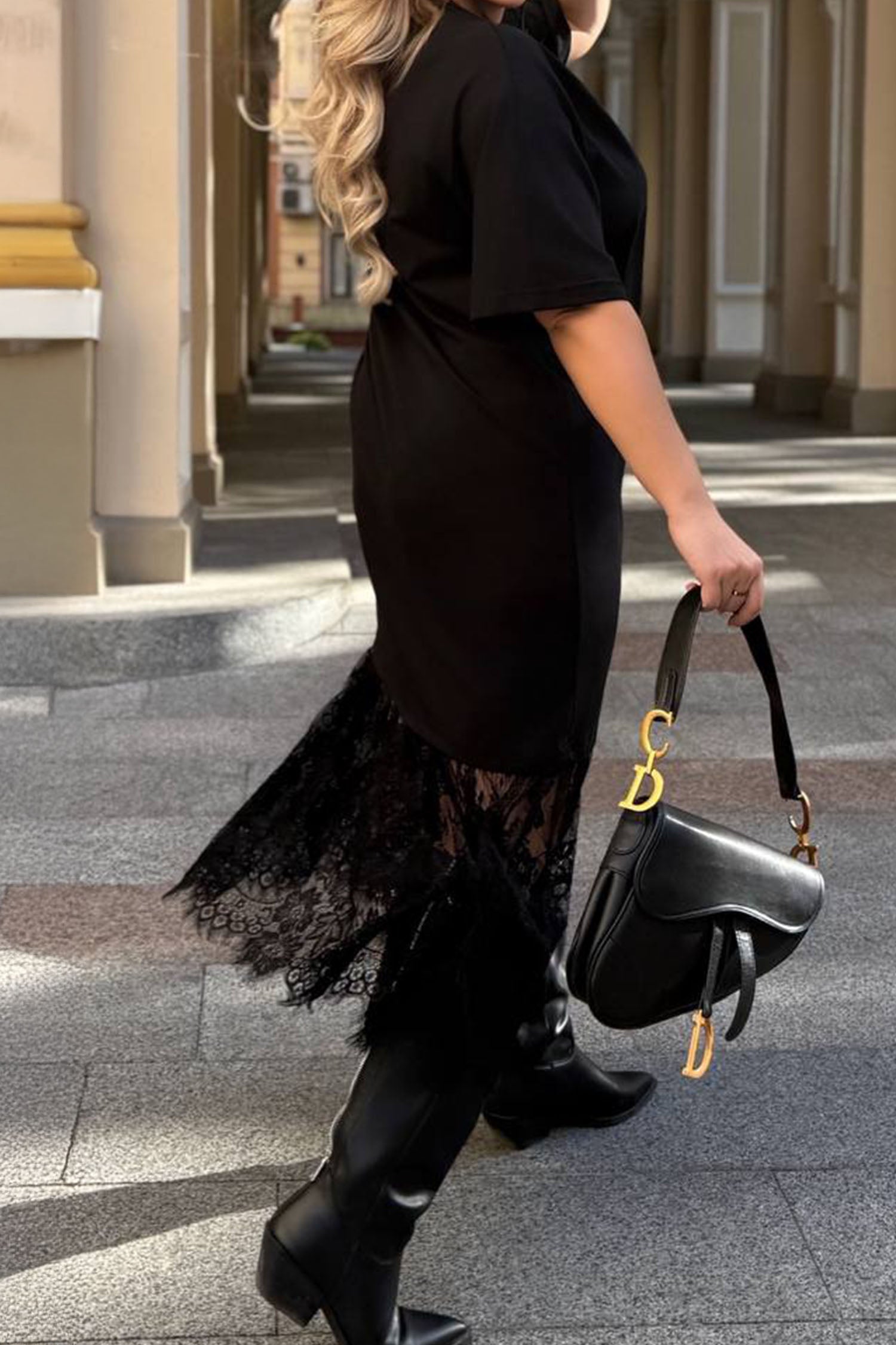 Black Plus Size Lace Hem Patchwork T Shirt Midi Dress - Cowaa