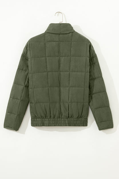 Green Zip-Up Pocket Quilted Jacket - Cowaa