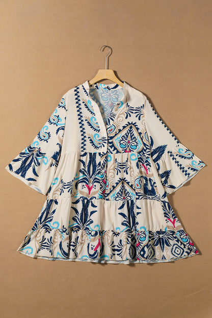 White Ethnic Print Boho Button Tiered Mini Dress - Cowaa