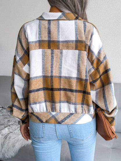 Plaid Collared Neck Long Sleeve Jacket - Cowaa