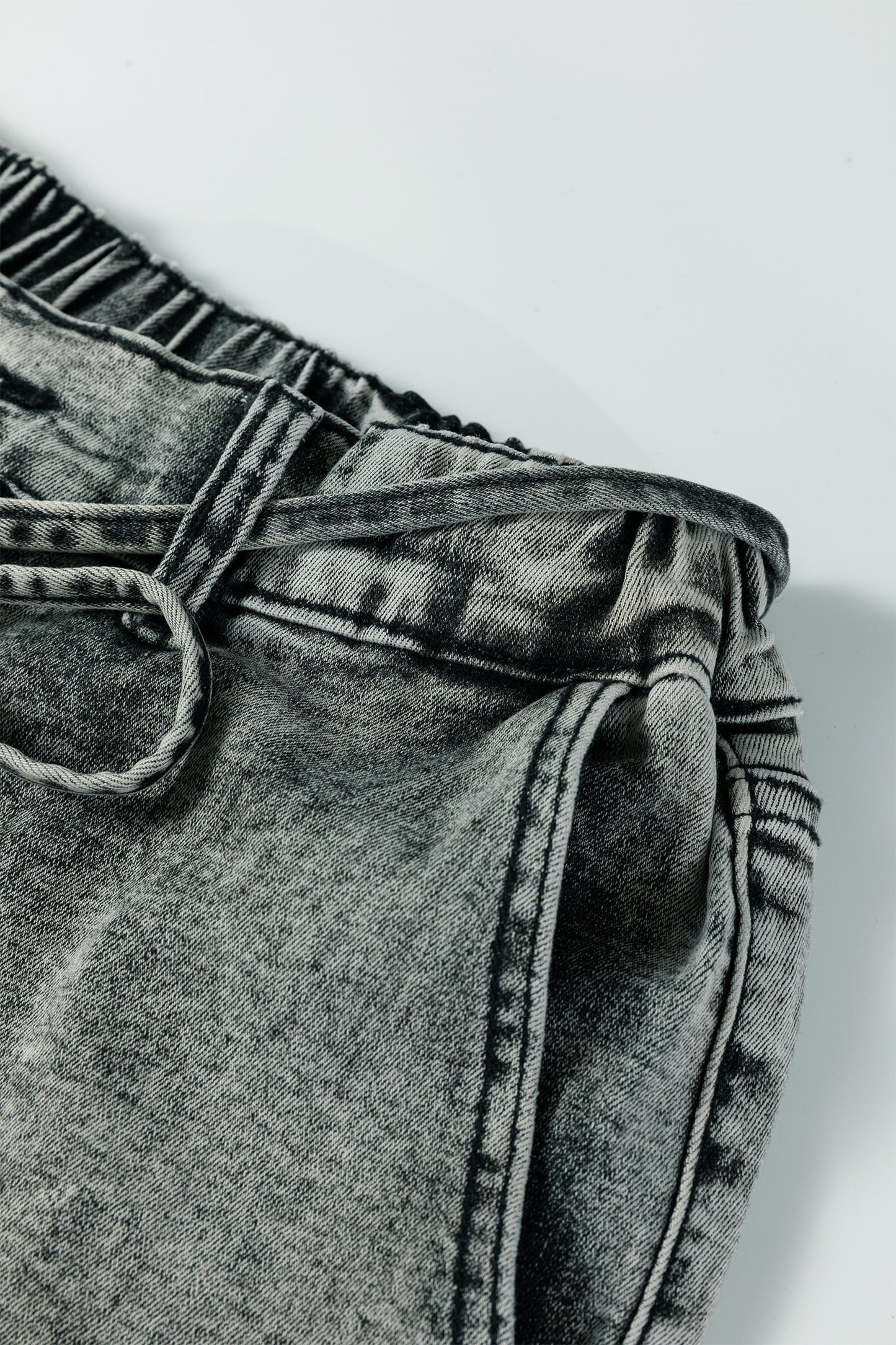 Gray Acid Wash Barrel Fit Denim Pants with Waist String - Cowaa