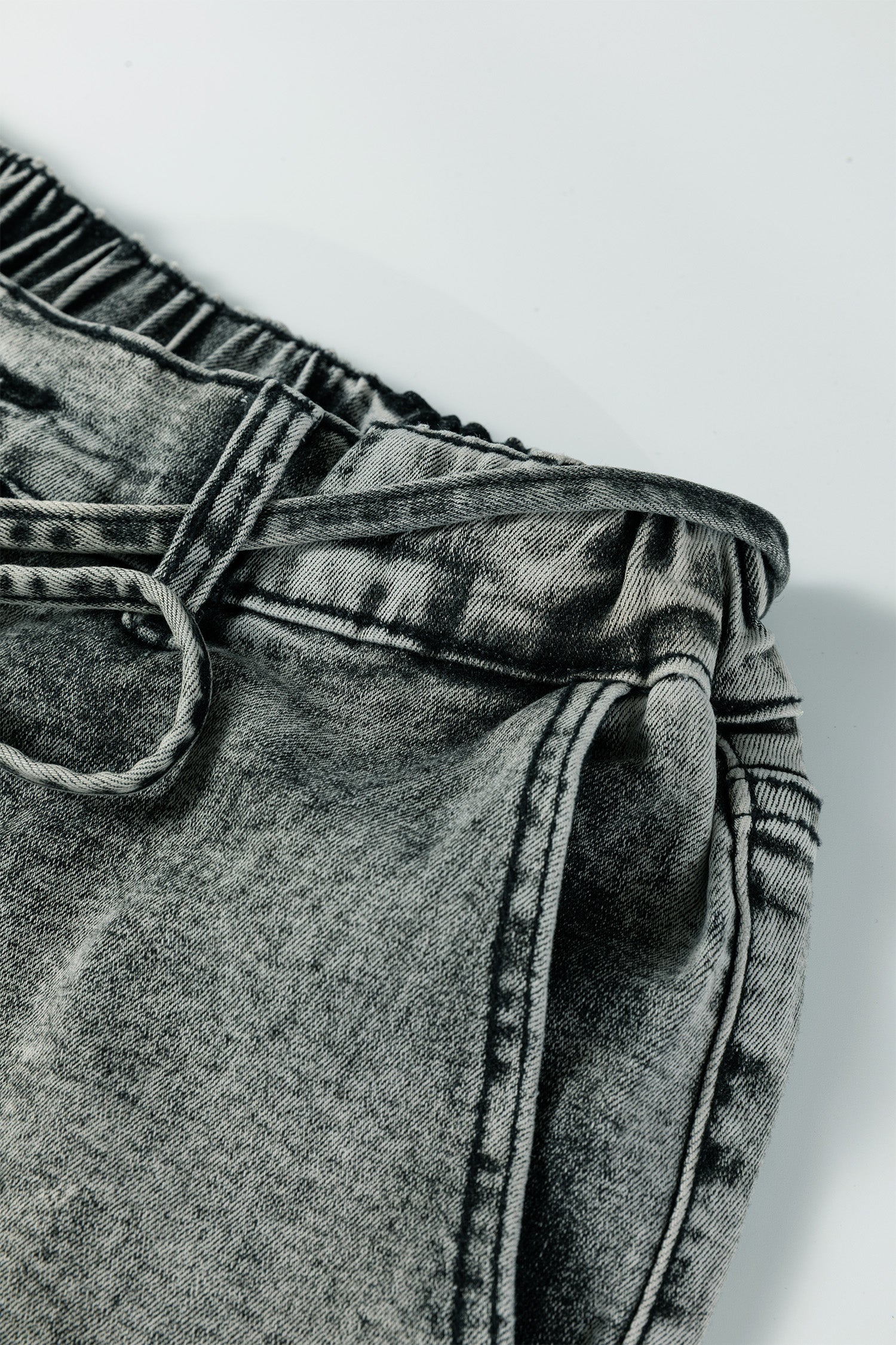 Gray Acid Wash Barrel Fit Denim Pants with Waist String - Cowaa