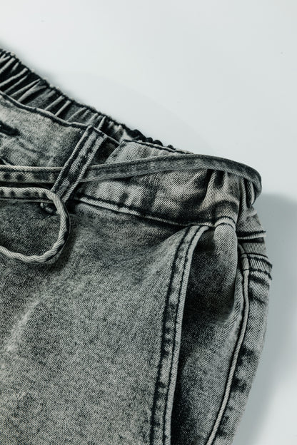 Gray Acid Wash Barrel Fit Denim Pants with Waist String - Cowaa