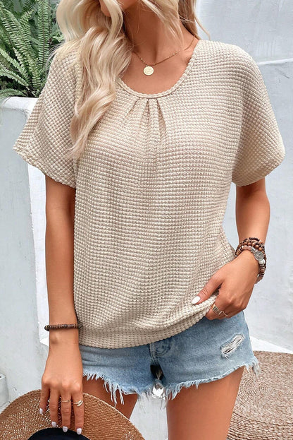 Oatmeal Guipure Lace Splicing Back Waffle Textured T-shirt - Cowaa
