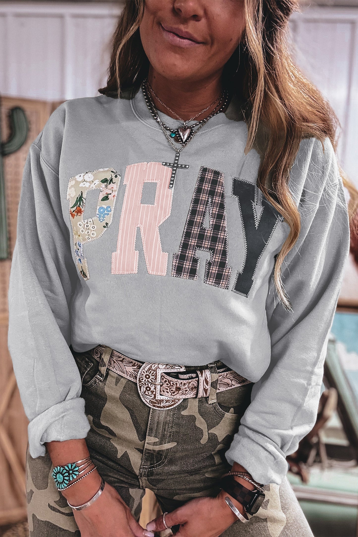 Racing Red Floral Buffalo Plaid Striped Embroidered Patch Western Pullover Sweatshirt