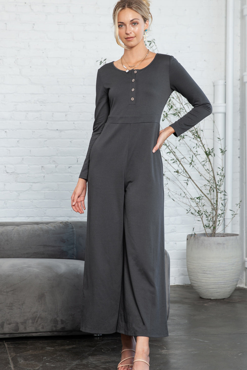 Dark Grey Henley Long Sleeve Wide Leg Jumpsuit with Pockets - Cowaa