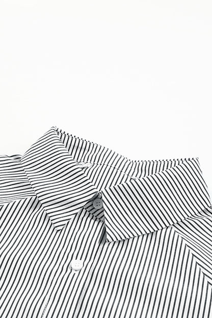 Black Striped Casual Shirred Cuffs Shirt - Cowaa