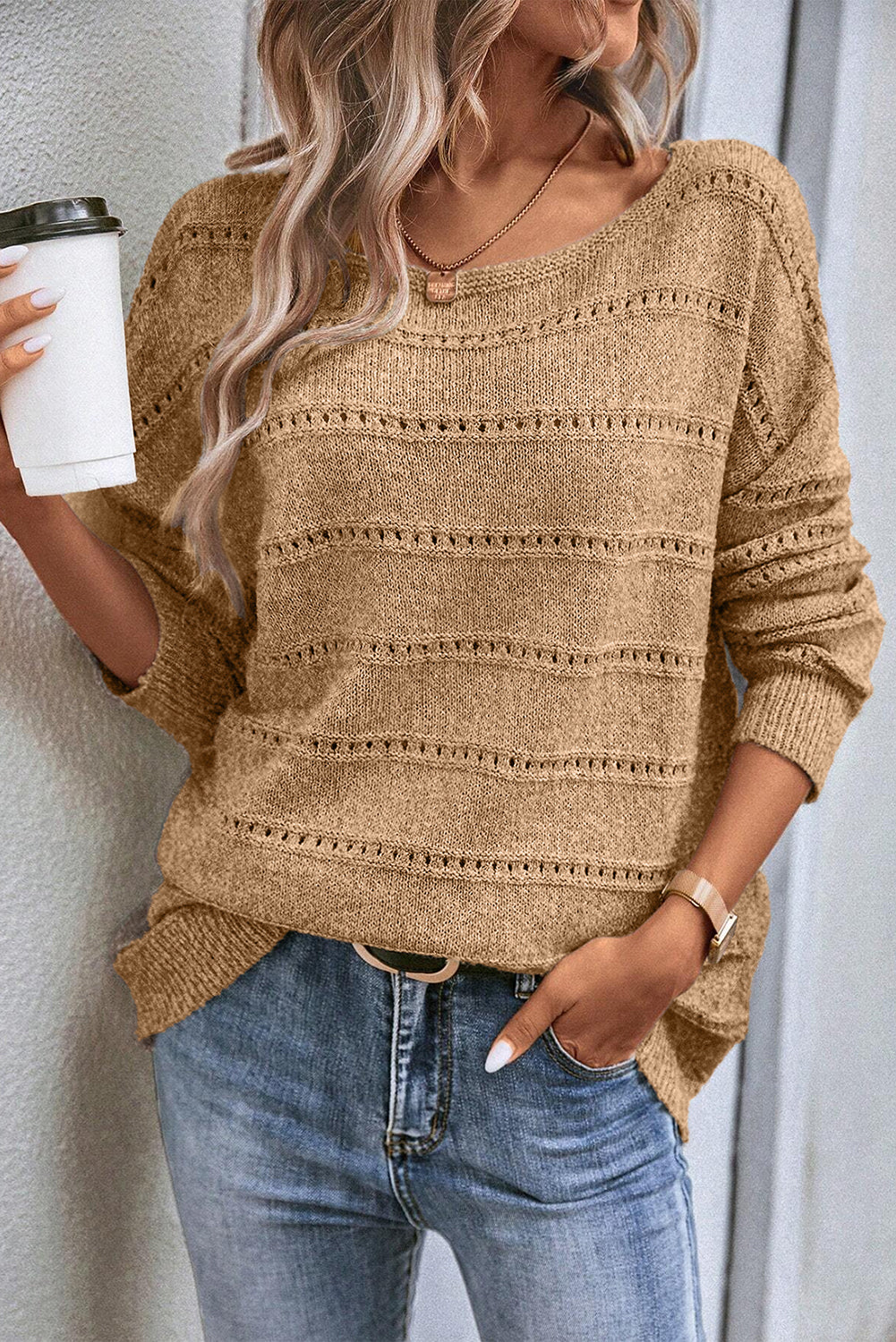 Boat Neck Drop Shoulder Pointelle Knit Sweater - Cowaa