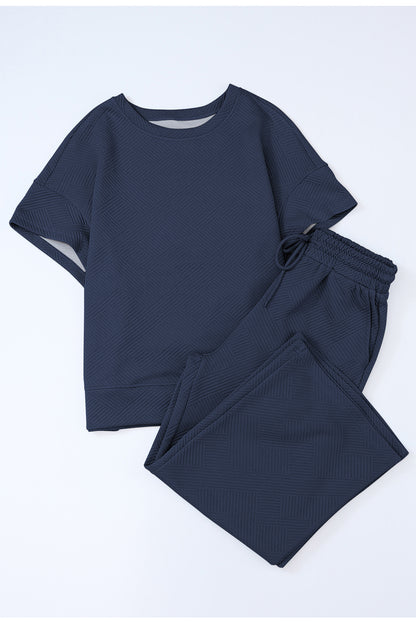 Navy Blue Textured Loose Fit T Shirt and Drawstring Pants Set - Cowaa